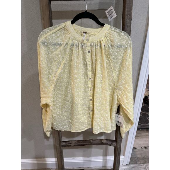 Free People Down From The Clouds Embroidered Eyelet Yellow Oversized Top Size XS - Picture 9 of 9